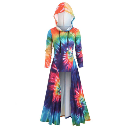 Hooded Spiral Tie Dye Print Maxi Top