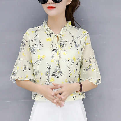 korean Floral Print Chiffon Blouse Ruffles Loose Blouse Casual Top Fashion Half Sleeve