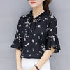 korean Floral Print Chiffon Blouse Ruffles Loose Blouse Casual Top Fashion Half Sleeve
