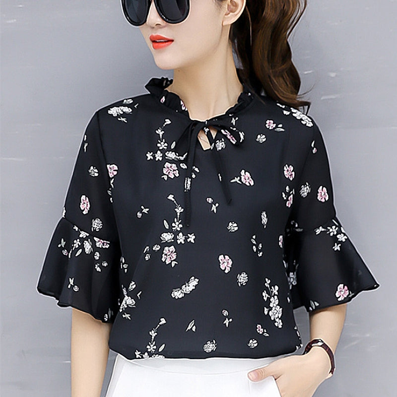 korean Floral Print Chiffon Blouse Ruffles Loose Blouse Casual Top Fashion Half Sleeve