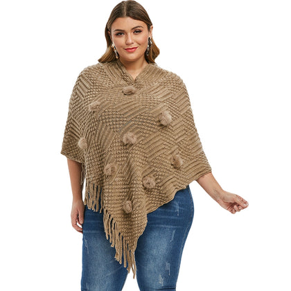 Pompoms Fringed Poncho Plus Size Sweater