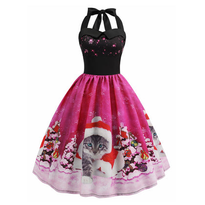 Christmas Hat Cat Print Shirred Sleeveless Dress