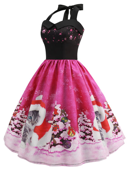 Christmas Hat Cat Print Shirred Sleeveless Dress