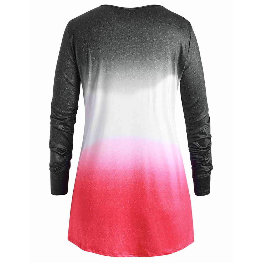 Ombre Pleated Button Up Plus Size Long Sleeve Top