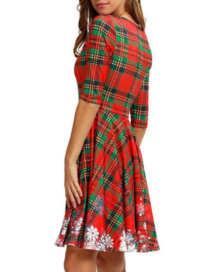 Plaid Snowflake Christmas Round Neck Dress