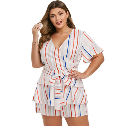 Muli Striped Tiered Tie Plus Size Surplice Romper