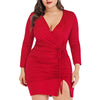 Long Sleeve Cinched Slit Surplice Plus Size Bodycon Dress