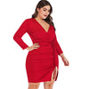 Long Sleeve Cinched Slit Surplice Plus Size Bodycon Dress