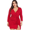 Long Sleeve Cinched Slit Surplice Plus Size Bodycon Dress