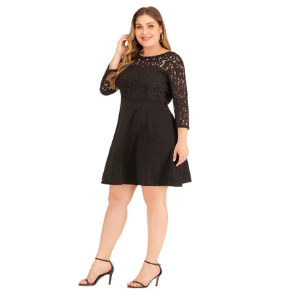 Plus Size Lace Solid Color Dress Women Long Sleeve Dress