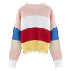 Tassel Pullover Sweater V Neck Long Sleeve Color Splice Loose-fitting Style for Women