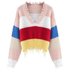 Tassel Pullover Sweater V Neck Long Sleeve Color Splice Loose-fitting Style for Women