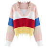 Tassel Pullover Sweater V Neck Long Sleeve Color Splice Loose-fitting Style for Women