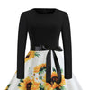 Women Vintage Dress Sunflower Print Long Sleeve with Waistband