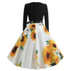 Women Vintage Dress Sunflower Print Long Sleeve with Waistband