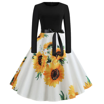 Women Vintage Dress Sunflower Print Long Sleeve with Waistband