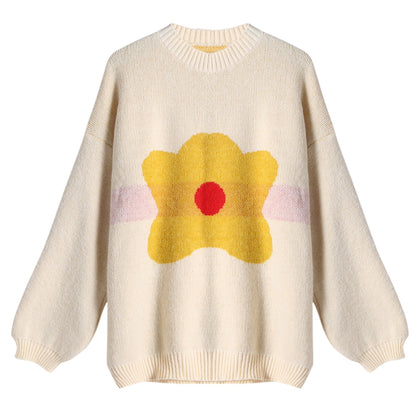 Floral Print Pullover Sweater Round Collar Long Sleeve Tightened Cuff for Women