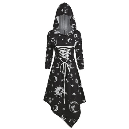 Skull Sun and Moon Lace Up Halloween Hooded Dress