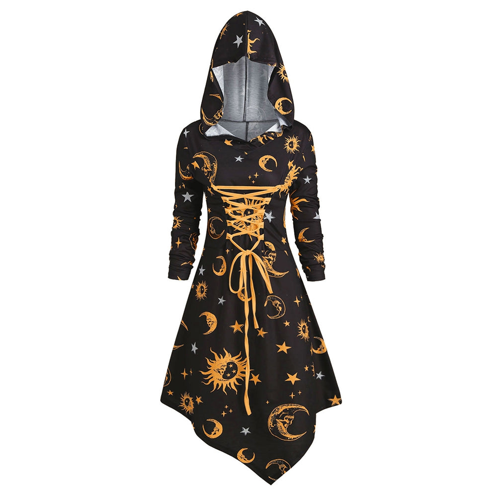 Skull Sun and Moon Lace Up Halloween Hooded Dress