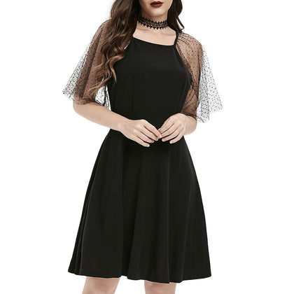 Square Collar Gothic Swiss Dot Sleeve A Line Dress