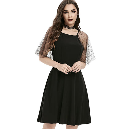 Square Collar Gothic Swiss Dot Sleeve A Line Dress