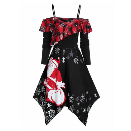 Cold Shoulder Ruffled Santa Claus Print Christmas Dress