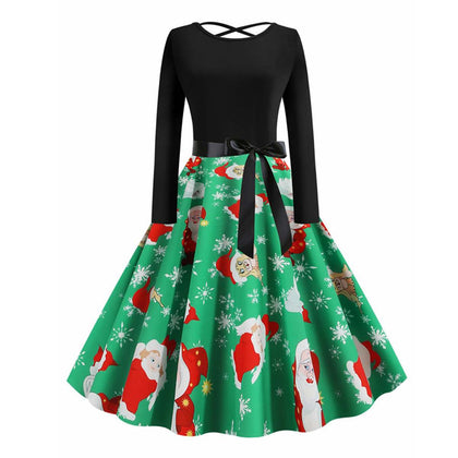 Lattice Christmas Santa Claus Snowflake Print Midi Dress