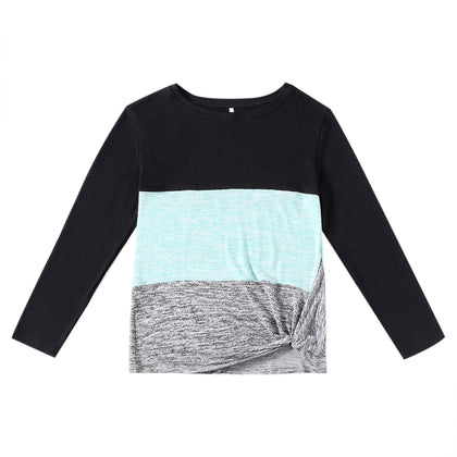 Bat Sleeve Round Neck Loose Color Splice Women T-shirt