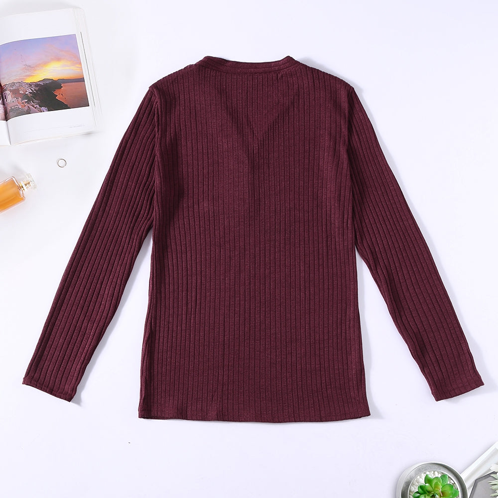 V-neck Button Pullover Sweater Long-sleeved Slim Stretch Solid Color