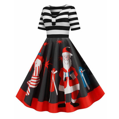 Santa Claus Striped Gathered Christmas Dress