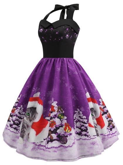 Christmas Tree Cat Snowflake Smocked Back Halter Plus Size Dress