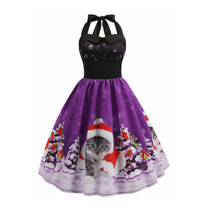 Christmas Tree Cat Snowflake Smocked Back Halter Plus Size Dress