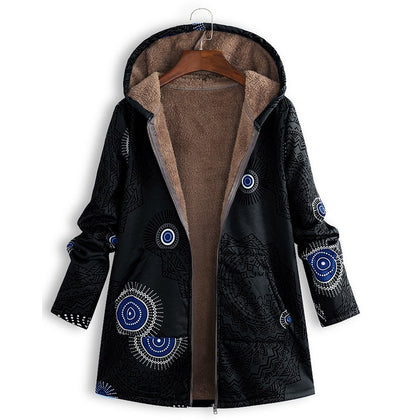 Printed Plush Lining Hooded Coat