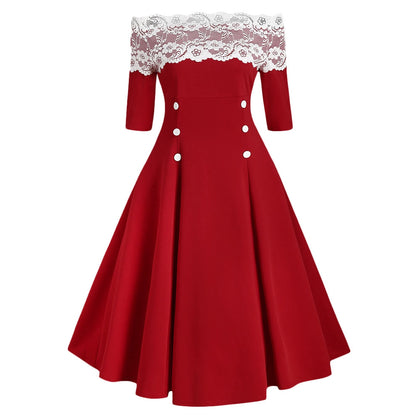 Off Shoulder Flower Lace Button Embellished Rockabilly Style Dress