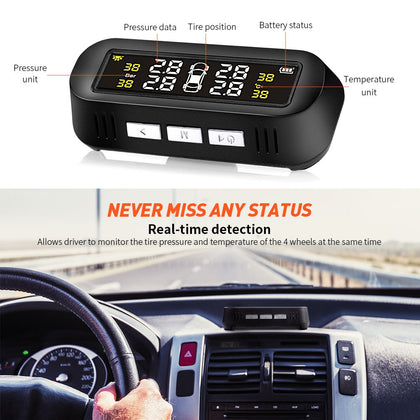 AutoLover TY16 Tire Pressure Monitoring System Solar TPMS USB Charging Clear Screen Real-time Tester 4 External Sensors