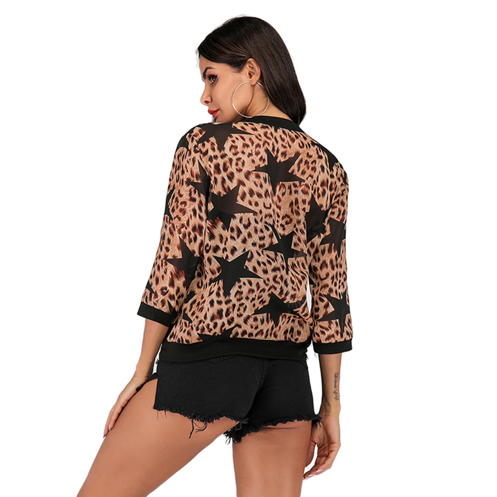 Leopard Print Jacket Coat with Zipper for Women
