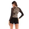 Leopard-print Mesh Splicing Crop Top T-shirt for Women