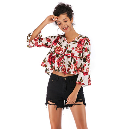Printed Loose Top V-neck Shirt for Women
