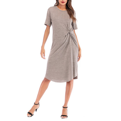 Round Neck Short Sleeve Twisted Knot Casual Dress for Women