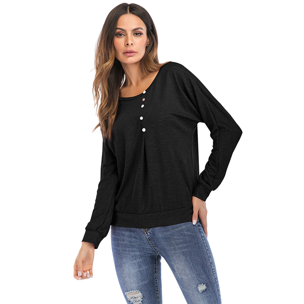 Solid Color Round Neck Long Sleeve T-shirt for Women