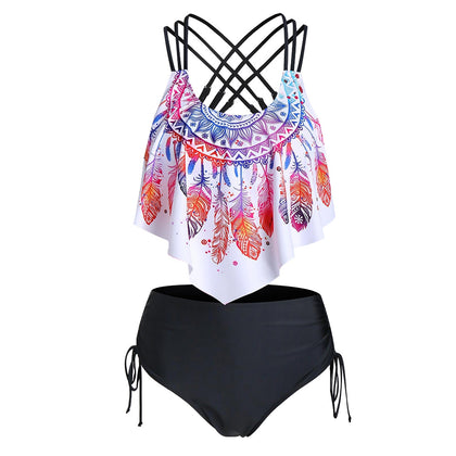 Feather Print Strappy Pointed Hem Tankini Swimwear