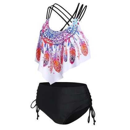 Feather Print Strappy Pointed Hem Tankini Swimwear