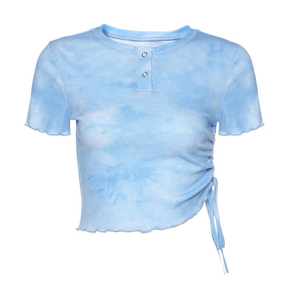 Tie Dyed T-shirt Round Collar Pleated Sexy Crop Top for Women