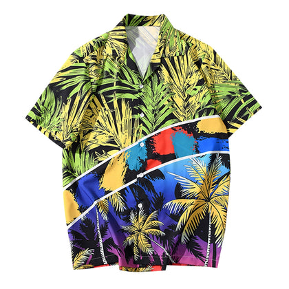 Summer Beach Casual Shirt Fashionable Coconut Tree Print Short Sleeve Turn-down Collar for Men