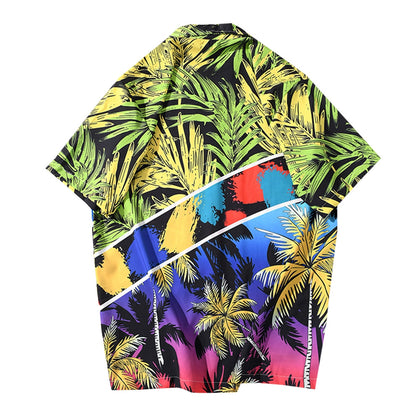 Summer Beach Casual Shirt Fashionable Coconut Tree Print Short Sleeve Turn-down Collar for Men