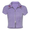 Fashion Turn-down Collar Short Top Butterfly Embroidery Zipper Cardigan T-shirt