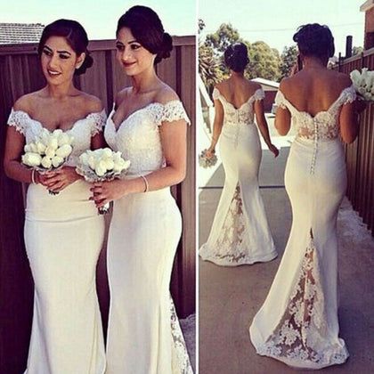 Wedding Party Long Formal Cocktail Ball Bridesmaid White Lace Prom Gown Dress