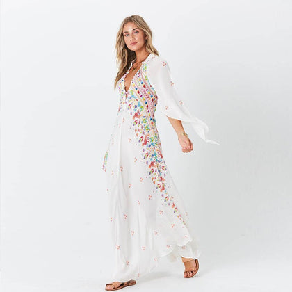 Women Summer Casual Button Long Loose Robe Floral Print Kimono Flare Sleeve Beach Dress