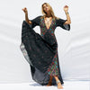 Women Summer Casual Button Long Loose Robe Floral Print Kimono Flare Sleeve Beach Dress