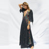 Women Summer Casual Button Long Loose Robe Floral Print Kimono Flare Sleeve Beach Dress